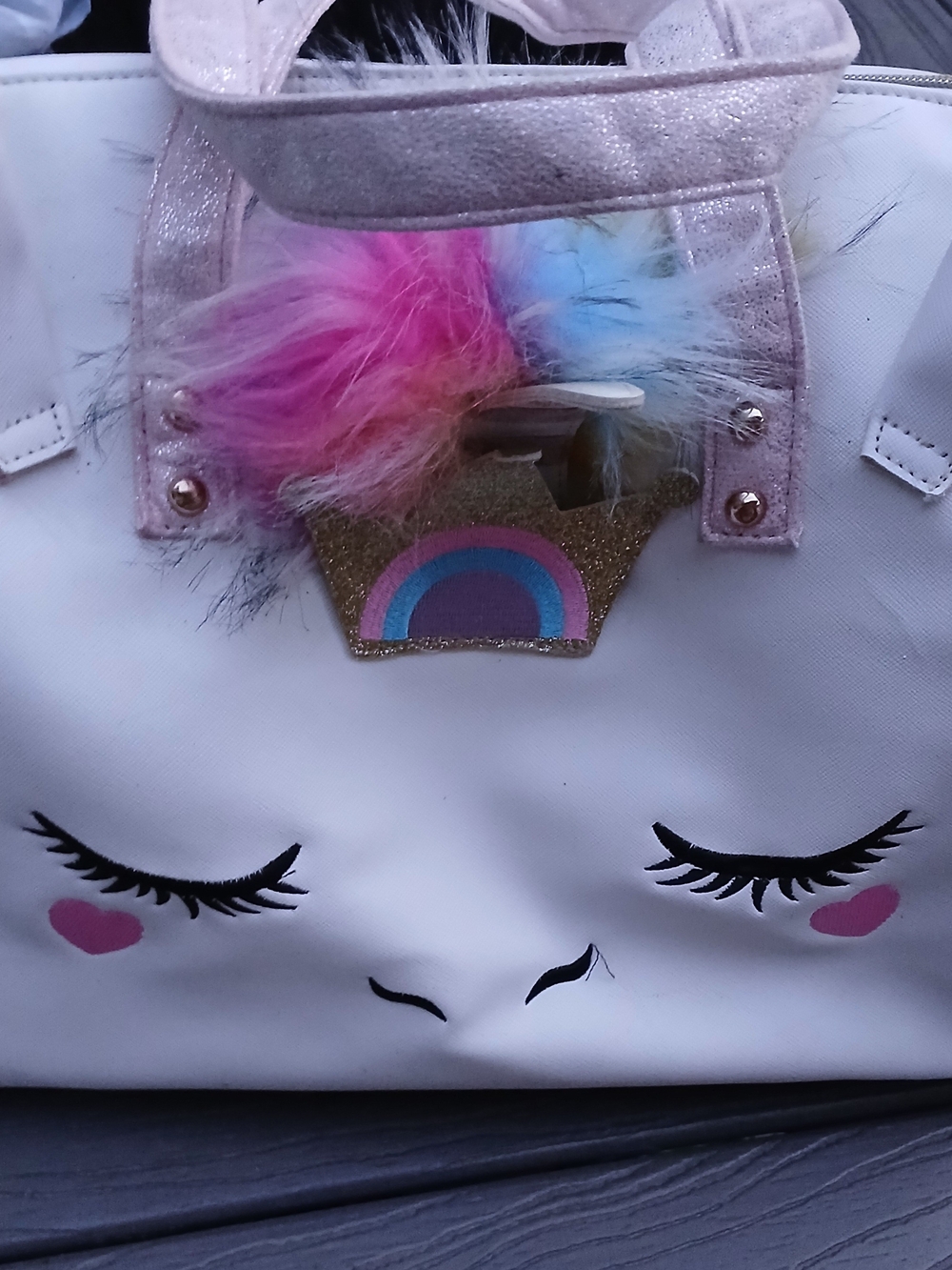White Unicorn Tote Bag with Pink & Blue Fur Accent